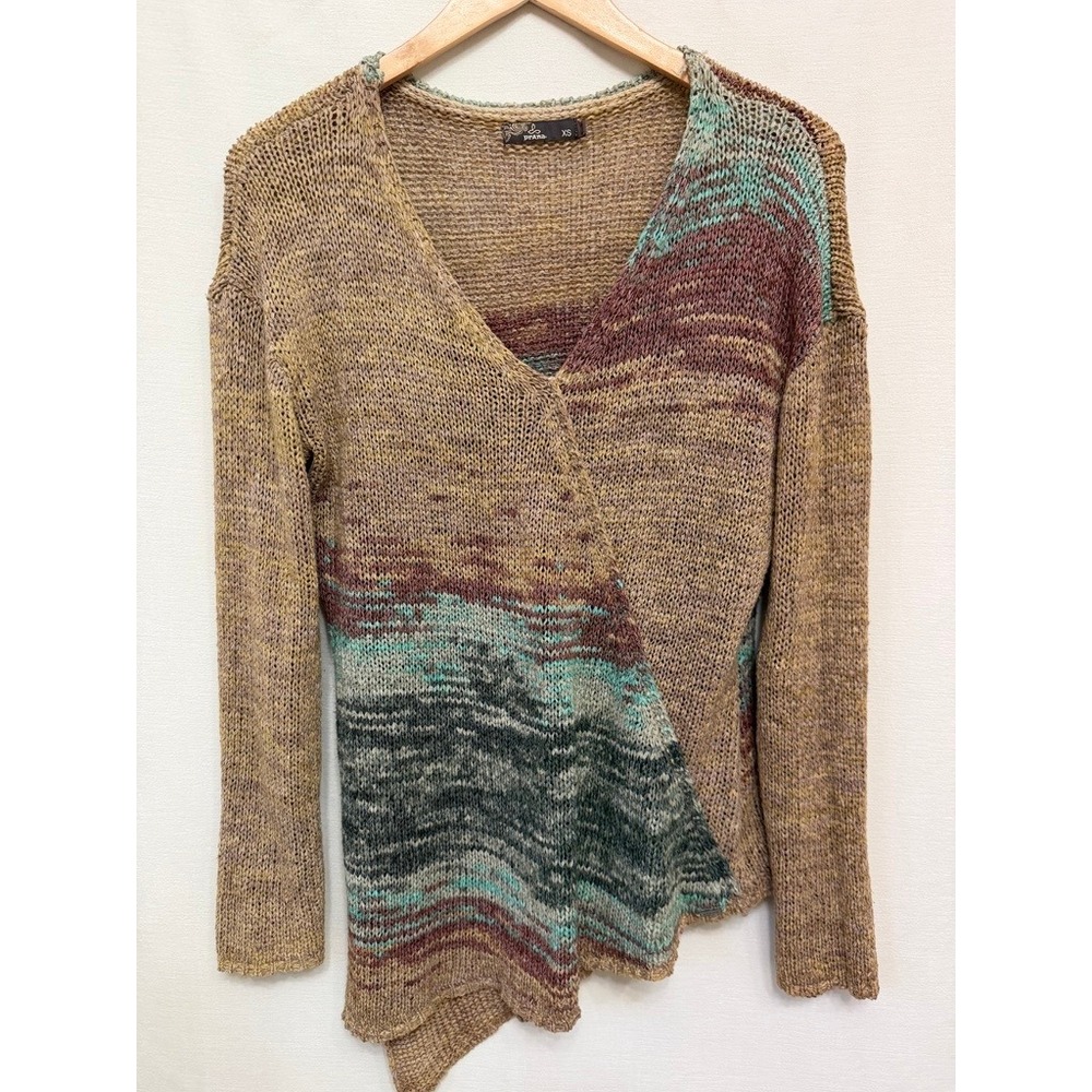 PrAna Asymmetrical V-Neck Sweater XS Earthy Space Dye Open Knit Boho Layering